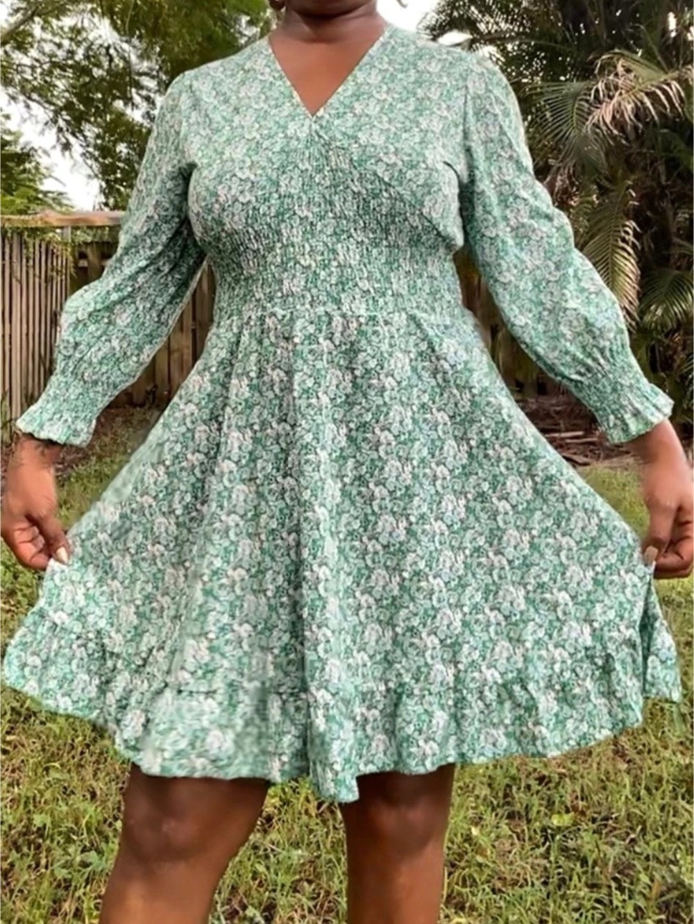 Floral Mini Dress in Green & White Like New